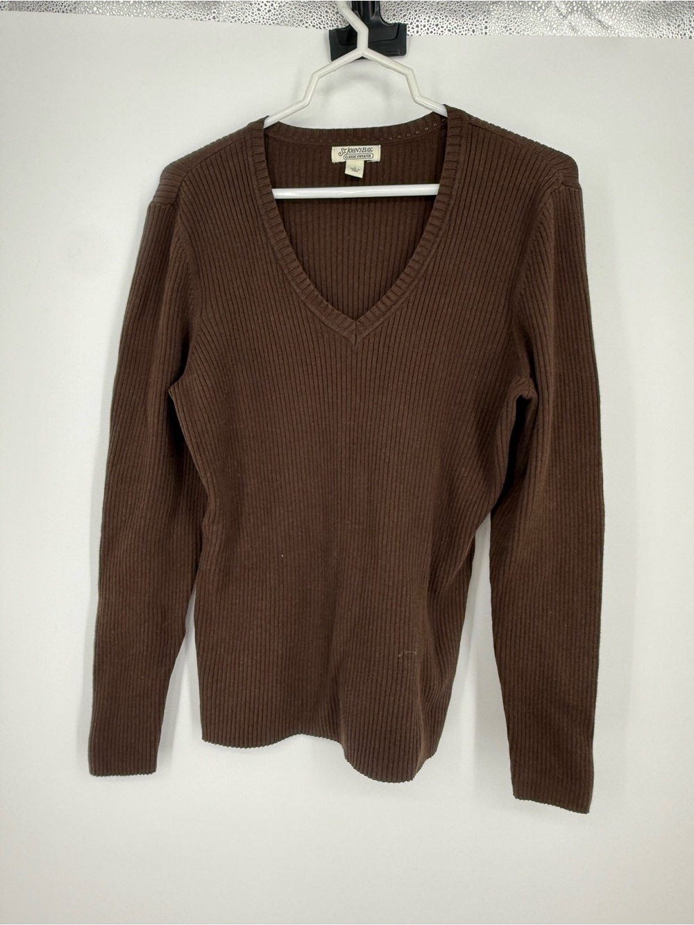 Vintage St. John's Bay Brown Ribbed V-Neck Long Sleeve Sweater Sz L